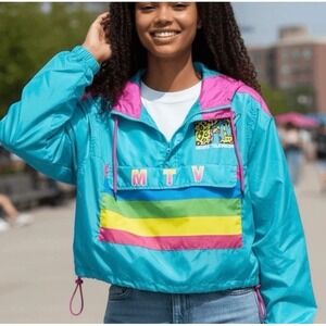 MTV Retro Colorblock Cropped Windbreaker Jacket Leopard Logo Teal Pink M